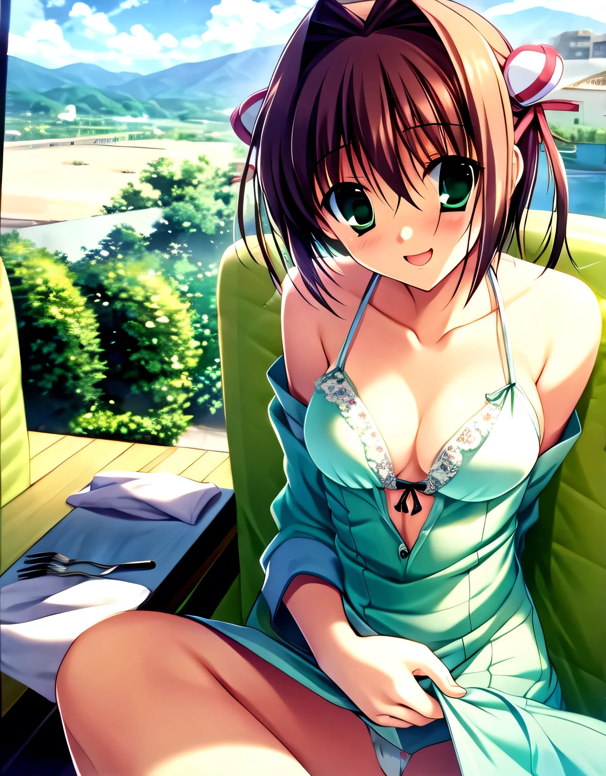 asakura_yume,Brown Hair,Normal chest,Aqua Eye,White skin,(((Restaurant))),((Sitting)),((((Bust up shot)))),(((((green_Summer Dresses))))),((valley)),No bra,smile,Open your mouth,