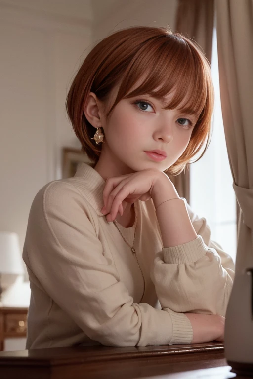 best quality, (masterpiece:1.2), illustration, absurdres, (1girl, solo), (beautiful detailed girl), ((upper body, portrait)),, Kaela MacMillan, short hair, orange hair, blue eyes, medium breasts, blue crystal earrings, white jacket, , cool, calm, looking at viewer,, inside elegant bedroom, night, window, curtain, starry sky, lamp, bookcase, nightstand, vase, desk,