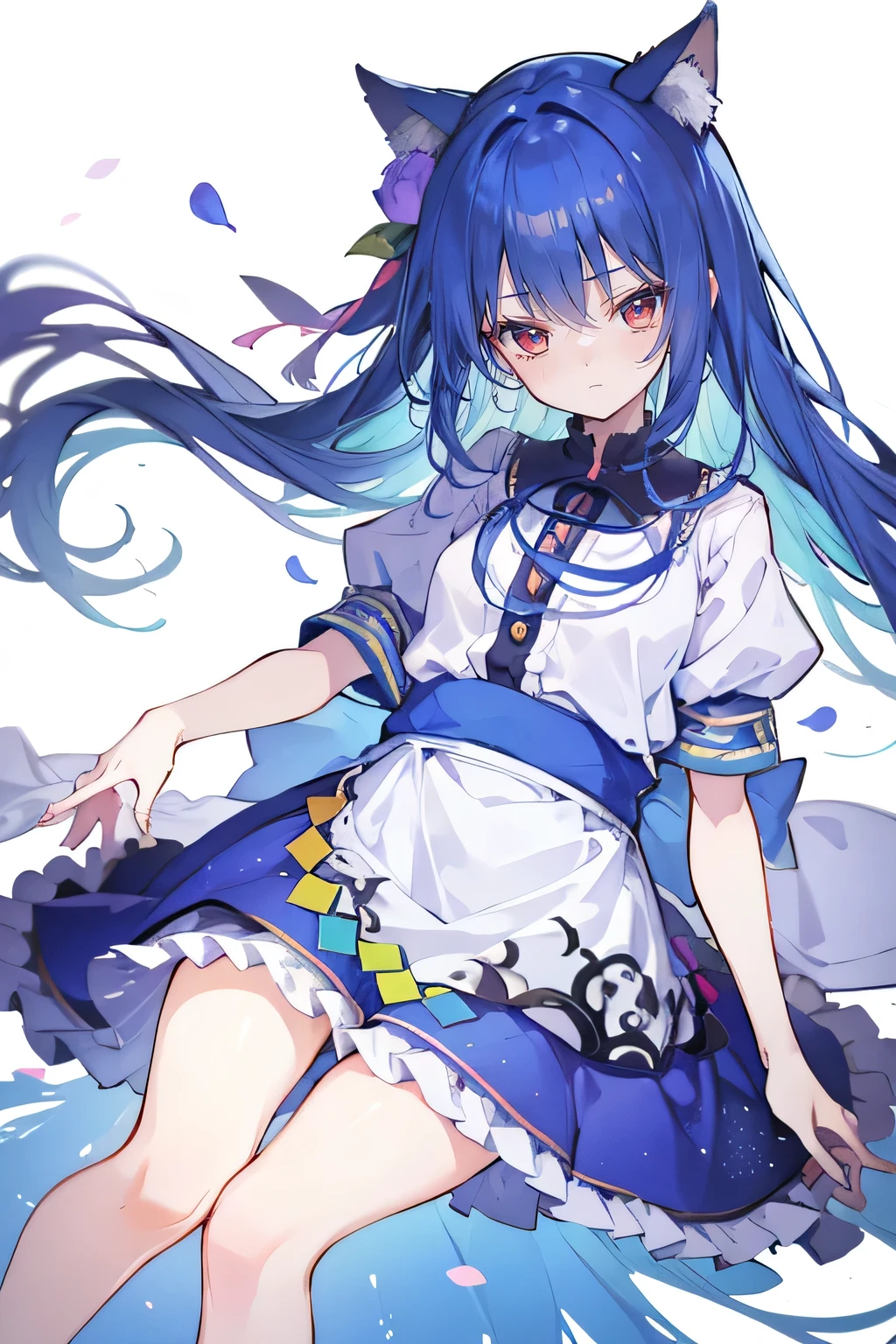 (masterpiece:1.2),Super detailed,lifelike,Expressive eyes,fair skin,perfect face shape,1 girl,
Japanese comics,Gorgeous blue hair,flowing blue hair,flowing clothes,Cat ears,Petals fall,beautiful lola,Baby Angel,
Shaking head with one hand,Lying gracefully on the ground,Cross your legs,Gentle and peaceful background,The pavilion is cool and comfortable,smile.