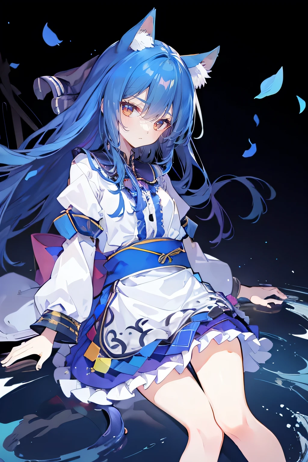 (masterpiece:1.2),Super detailed,lifelike,Expressive eyes,fair skin,perfect face shape,1 girl,
Japanese comics,Gorgeous blue hair,flowing blue hair,flowing clothes,Cat ears,Petals fall,beautiful lola,Baby Angel,
Shaking head with one hand,Lying gracefully on the ground,Cross your legs,Gentle and peaceful background,The pavilion is cool and comfortable,smile.