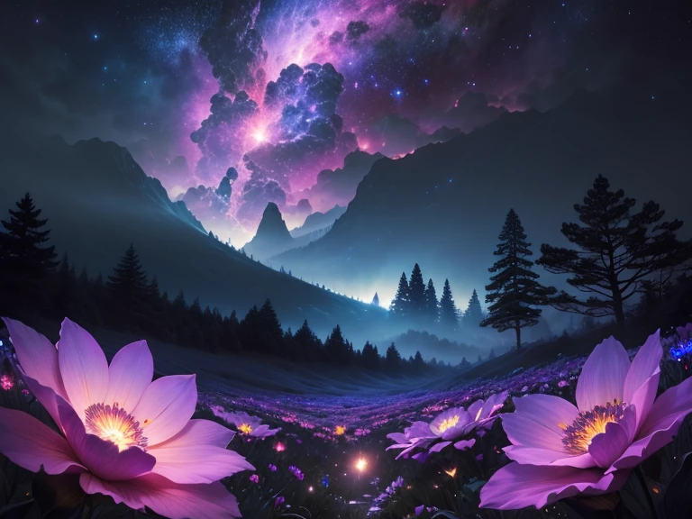 Vast flower garden (View from below。),Shibazakura、full moon (shooting star: 0.9), (nebula: 1.3), Intricate details, Volumetric lighting,(highest quality), 4K, Very detailed, (moving composition: 1.4), Extremely detailed and colorful, (Shining Lights, Atmospheric lighting), dream-like, Magic
