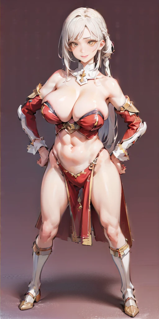 (((Plain background 1:2))) (masterpiece, high quality: 1.1) 1girl full body standing, hairstyle with a braid, white colored hair, yellow eyes, perfect lighting, muscular, thighs, mature woman, mummy, bellybutton, abs, looks at the viewer smile RED CHEEKS, extremely huge breasts, maternal, porcelain skin, extra very long hair, sparkly skin, good face, chest cover, HANDS ON HIPS