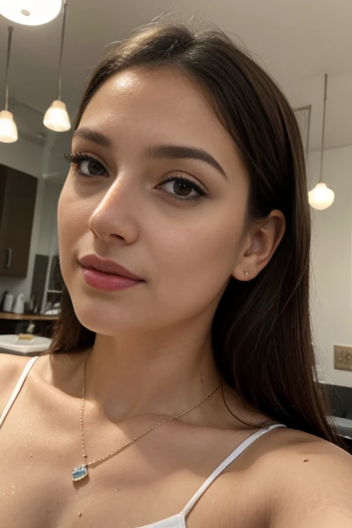 Foto de una linda chica de piel blanca, delgada, 21 years old.., ella tiene una cara muy natural,  labios delgados, ojos delgados, cejas finas, nariz fina, long eyelashes. Se toma una linda selfie en un Burguer King., Brillante, luz difusa, La piel suave y perfecta refleja la luz., Alto detalle