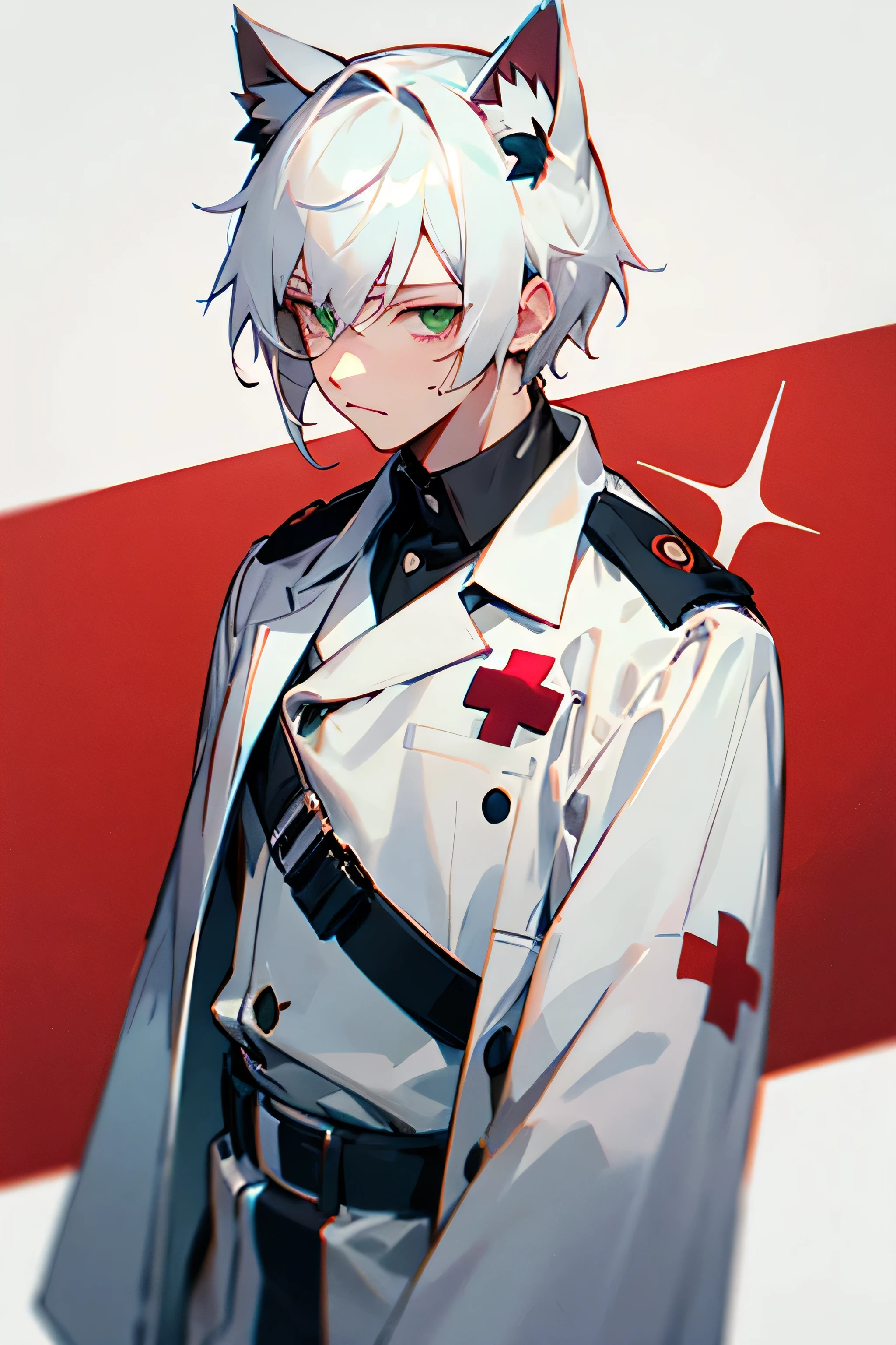 Male, White hair, Green eyes, White clothes, medic uniform, cat ears