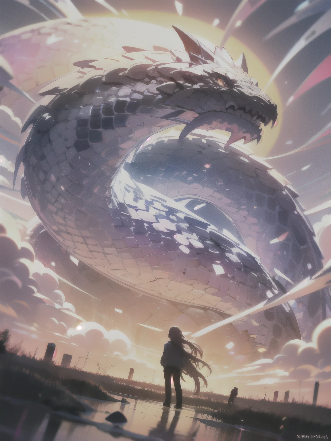 two-headed dragon, a draogn with multiple heads, lods of heads, cloud,outdoors,long hair,rainbow,standing,sky,dragon,grass,dutch angle,oversized animal,cloudy sky,scenery,solo,day,animal,python,