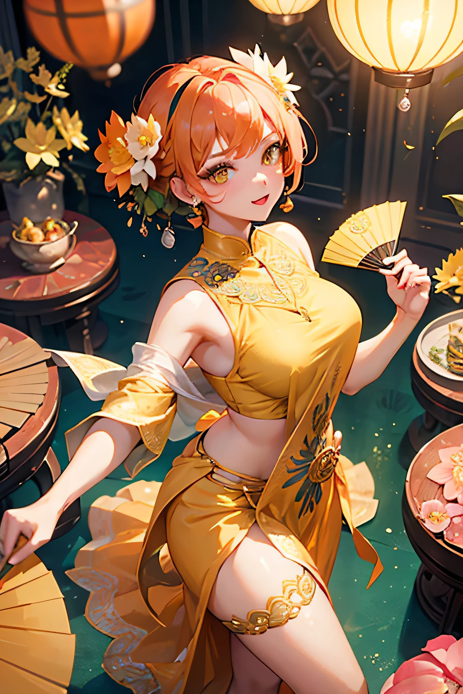masterpiece, highest quality, so beautiful,A cool adult woman wearing a nice Bollywood outfit、Jasmine Style、Latest, Orange short hair、Yellow Eyes, alone, Dancing wildly, Holding a folding fan、Holding a folding fan, hair ornaments, View from above、nice、Blooming lotus flower pattern、gorgeous、Party and dance wildly
