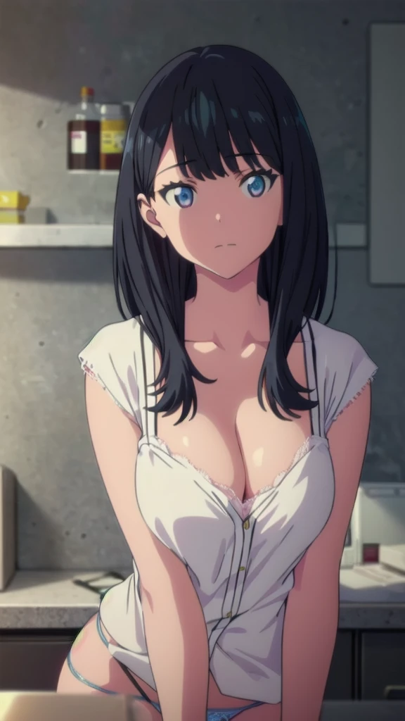 (((Pixel Perfect, Perfect detail))), ((alone, 1 girl)), rikka takarada, , looking at viewer, closed mouth, ((cleavage)), ((cleavage)), (showing panties:1.3), ((showing panties)), upper body, indoor