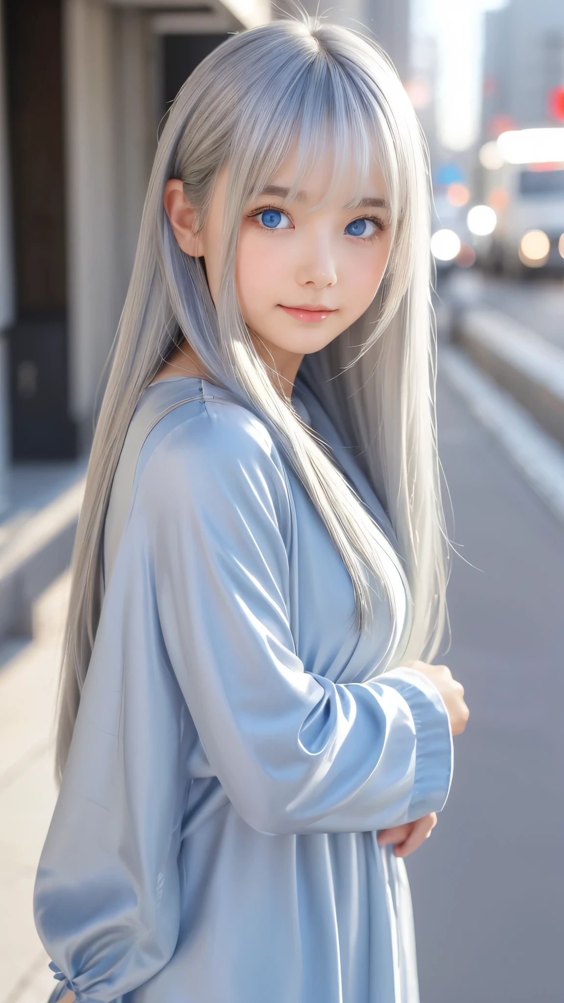Shining, clear, white skin、Her windblown silver hair hides her beautiful face.、huge、28 years old cute sexy little beautiful face、Beautiful straight hair that stands out、growing up, Sparkling light blue eyes、long silky bangs that cover cute eyes, Sexy and cute young woman with super long hair hiding her sexy face、Shining silver hair