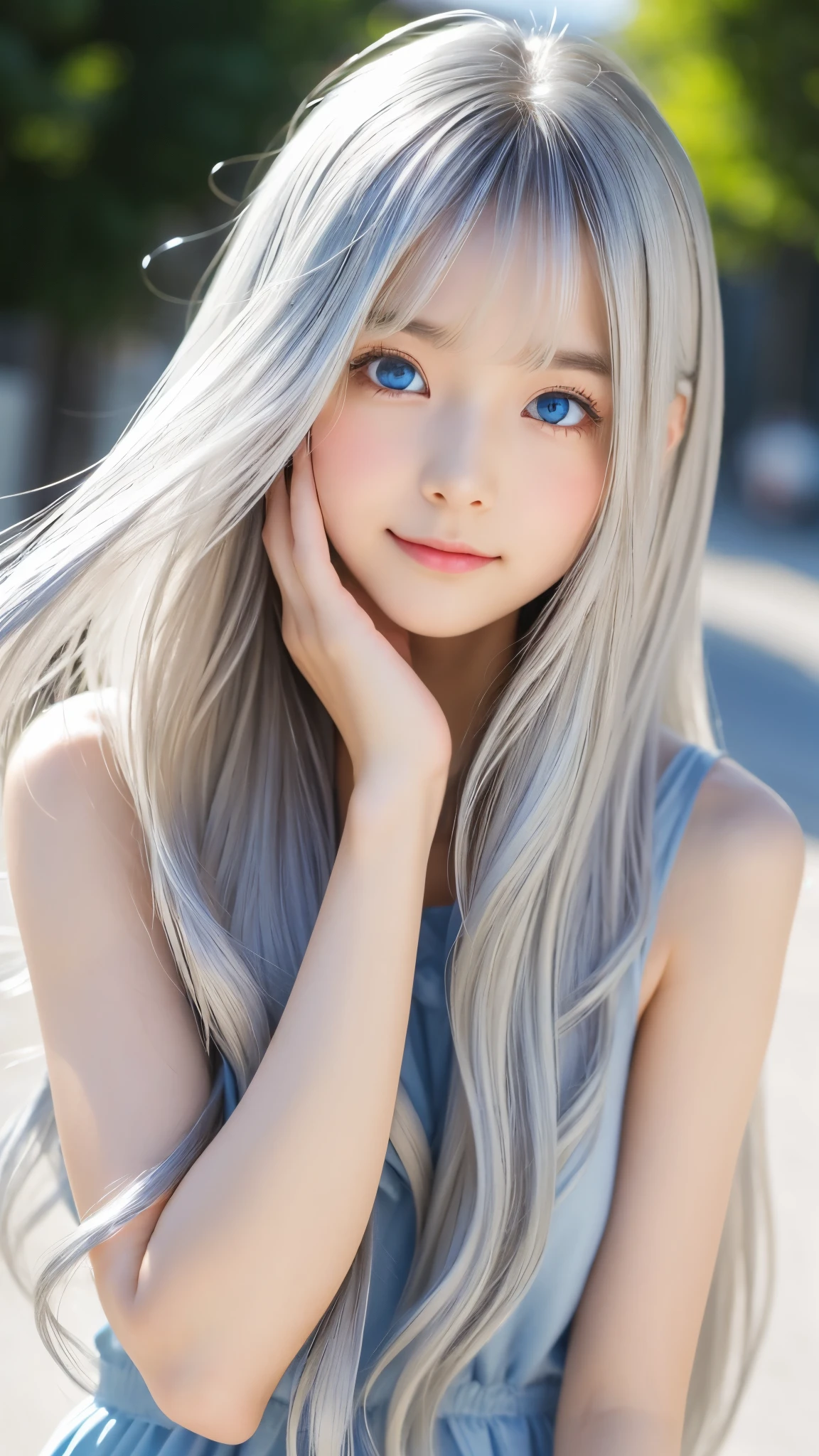 Shining, clear, white skin、Her windblown silver hair hides her beautiful face.、huge、28 years old cute sexy little beautiful face、Beautiful straight hair that stands out、growing up, Sparkling light blue eyes、long silky bangs that cover cute eyes, Sexy and cute young woman with super long hair hiding her sexy face、Shining silver hair