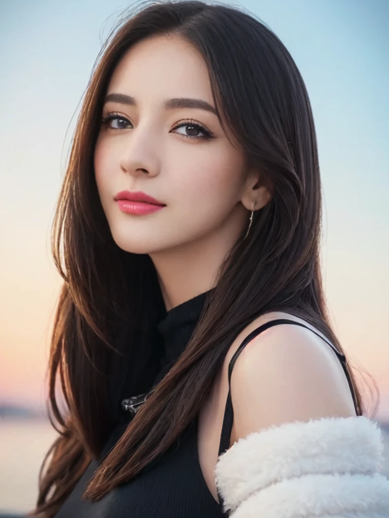 ((top-quality、8K、masterpiece:1.3))、extremely delicate and beautiful girl,realisticlying,Incredibly absurd,abstract art,From waist to shoulders,catch,extra detailed body,Short Black Hong Kong Style Hair,,Floating hair,light brown hair,Vitone Hair,beautiful fine hair,Exquisite and beautiful face,Smile,Clear eyes, Black colored eyes,Neck_bow ribbon,frilld_Dress,beautiful and clear background,Beautiful sky,full bloom,very precise details,absurderes,extremely CG,((A sexy mature girl:1.5))、Thick lip、Crimson Lip Gloss、eye make up、((40 years:1.5))、Sweaters、Parisian café scene、Sunset sky、A smile