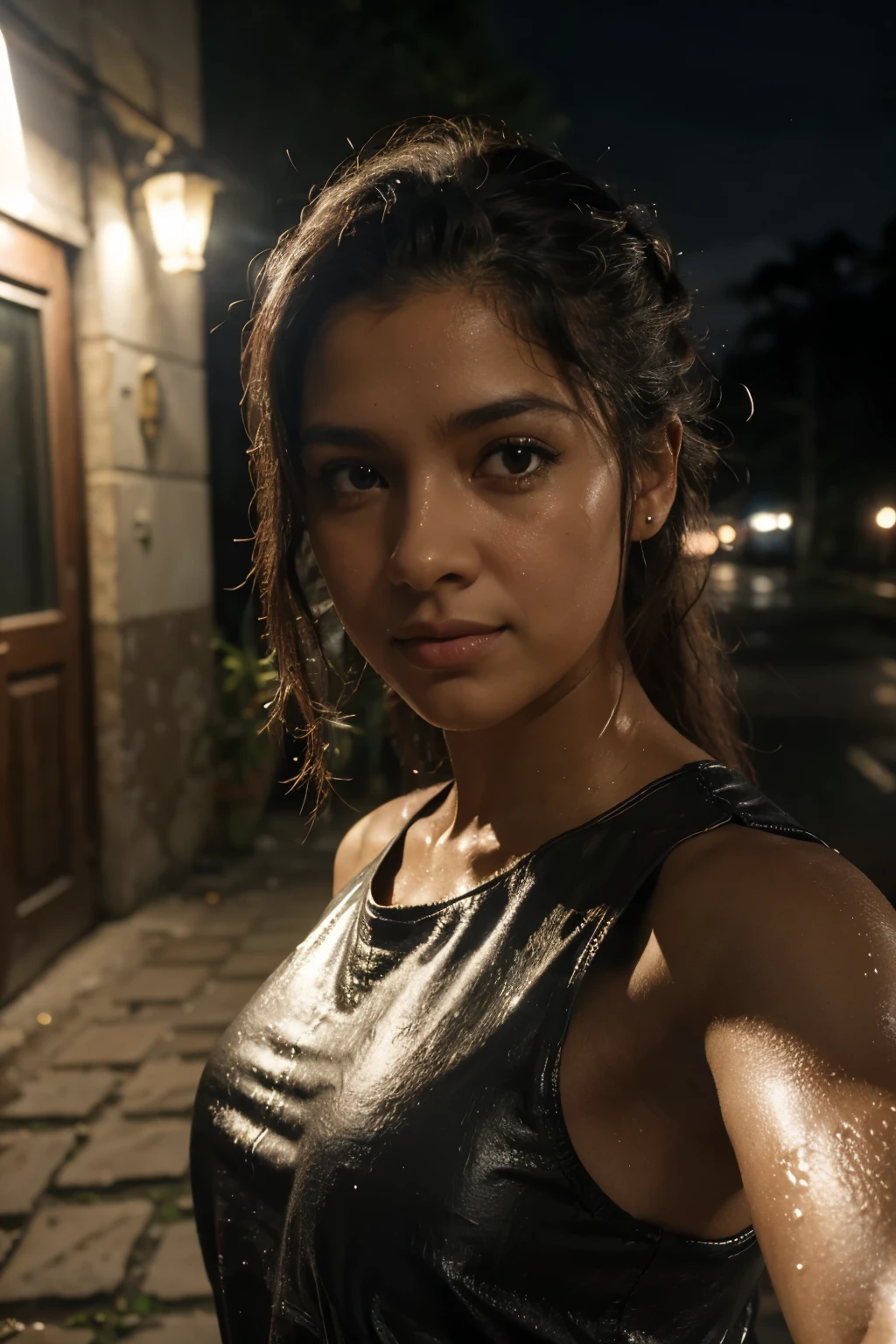 (Fotos RAW, melhor qualidade), (realista, photorealista: 1.2), (rosto redondo: 1), 1 garota, selfie ao ar livre, (pele com alto detalhe: 1.2), (olhos inchados), (bicho-da-seda deitado), sorriso, clavicle, water, cabelo liso castanho preto, saia plissada preta pura, soft lighting, alta qualidade, paisagem urbana, Horizonte, noite, chuva, molhado, professional lighting, photon mapping, radiosidade, Physically based rendering,