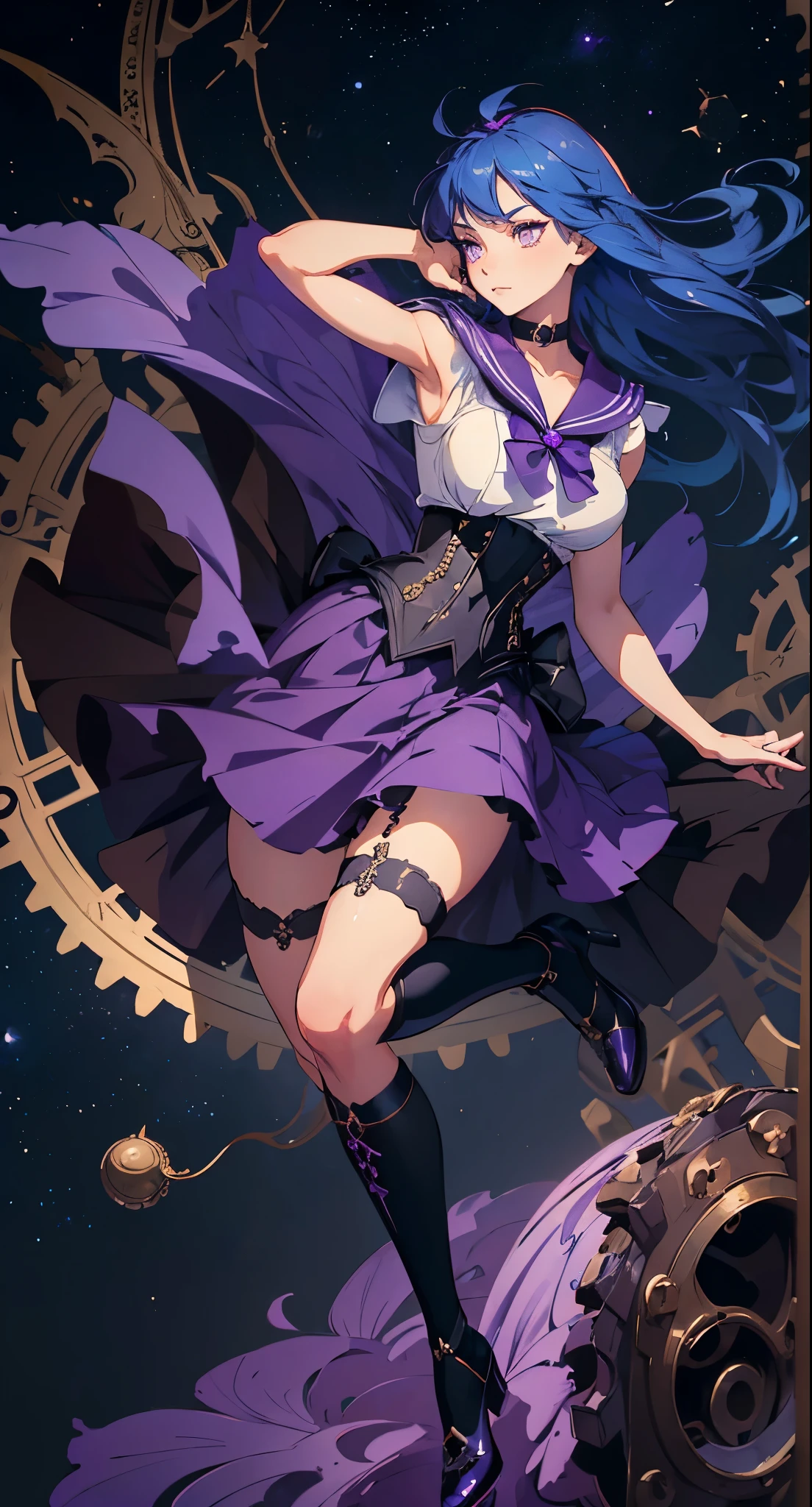 masterpiece, high quality, illustration, extremely detailed, standing, 1_women, (full body), ((floating in the air)), (bright blue hair), medium length hair, cute bangs, flowing hair, (exotic skin_complexion:1.4),mature, tall, (smirking), beautiful, exotic, elegant, slim, (((sailor collar))), black thigh highs, choker, medium bust, (brown steampunk corset), black ****ta style skirt, (skirt blowing up), knee high heels with laces, (sleeveless), (purple fingerless_gloves), making a fist, diamond shaped eyes, (((purple eyes))), dark_eyeliner, long_eyelashes), natural dynamic lighting, steampunk, in space