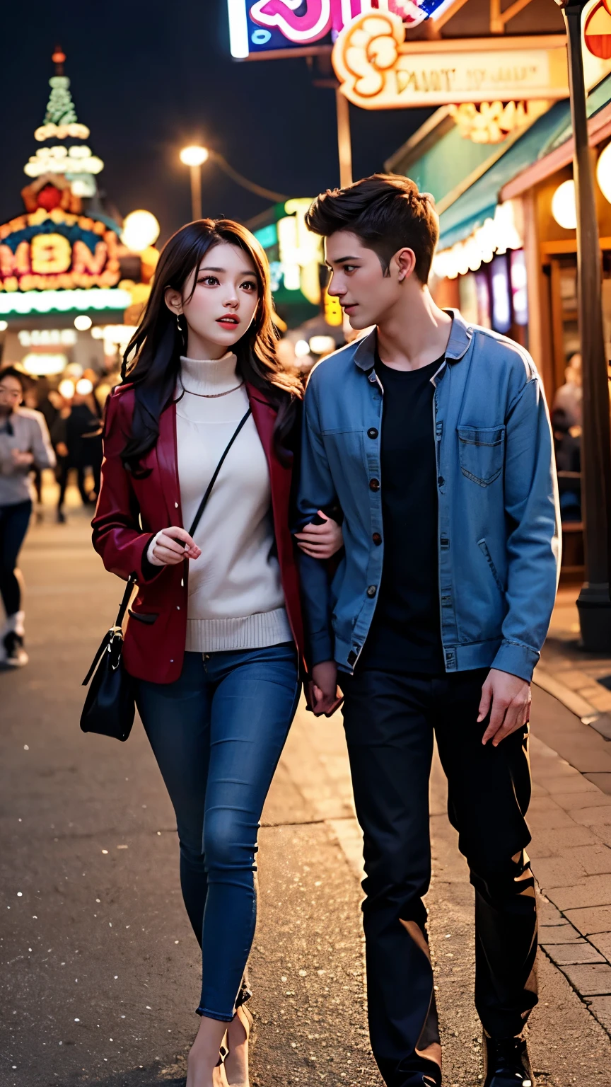 Beautiful man and woman on a date at an amusement park