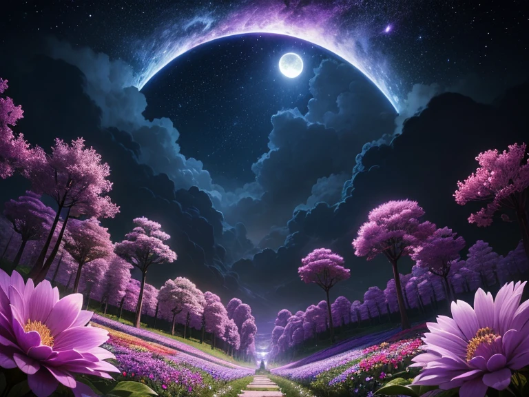 Vast flower garden (View from below。),Shibazakura、full moon (shooting star: 0.9), Intricate details, Volumetric lighting,(highest quality), 4K, Very detailed, (moving composition: 1.4), Extremely detailed and colorful, (Shining Lights, Atmospheric lighting), dream-like, Magic