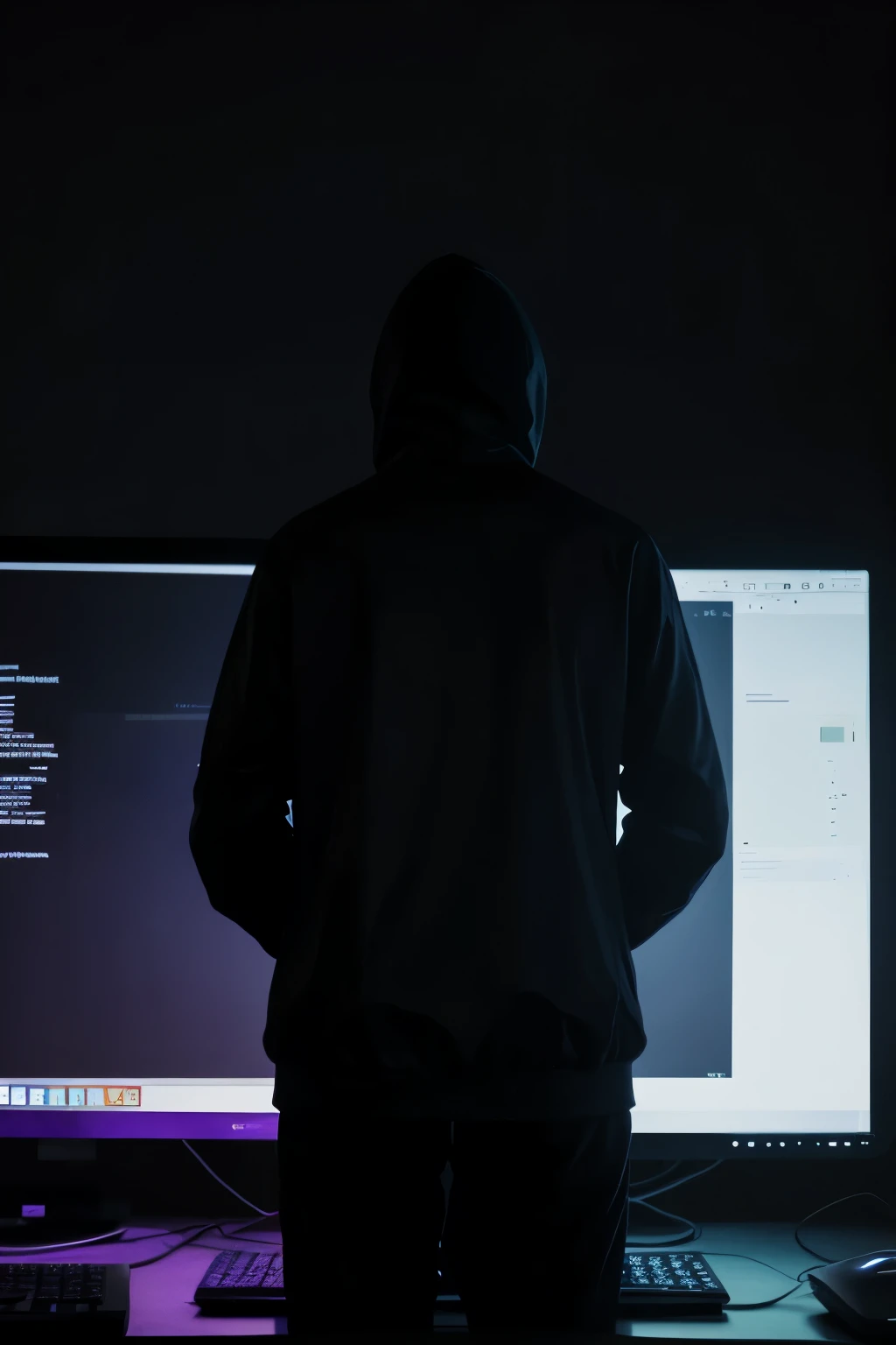 An unknown, faceless hacker standing in front of a computer in a dark place.