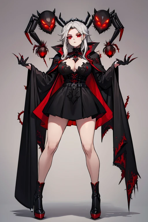female, silver long hair with black highlights, red eyes, (((1girl))), (((black gothic coat with red spiders))), arachne, spider legs, cute and sexy, large breasts