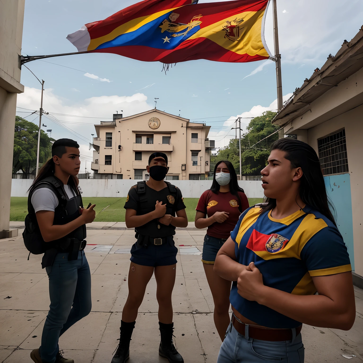 Mural con el escudo de premilitar y la bandera de Venezuela en el fondo, with students practicing closed order around them.