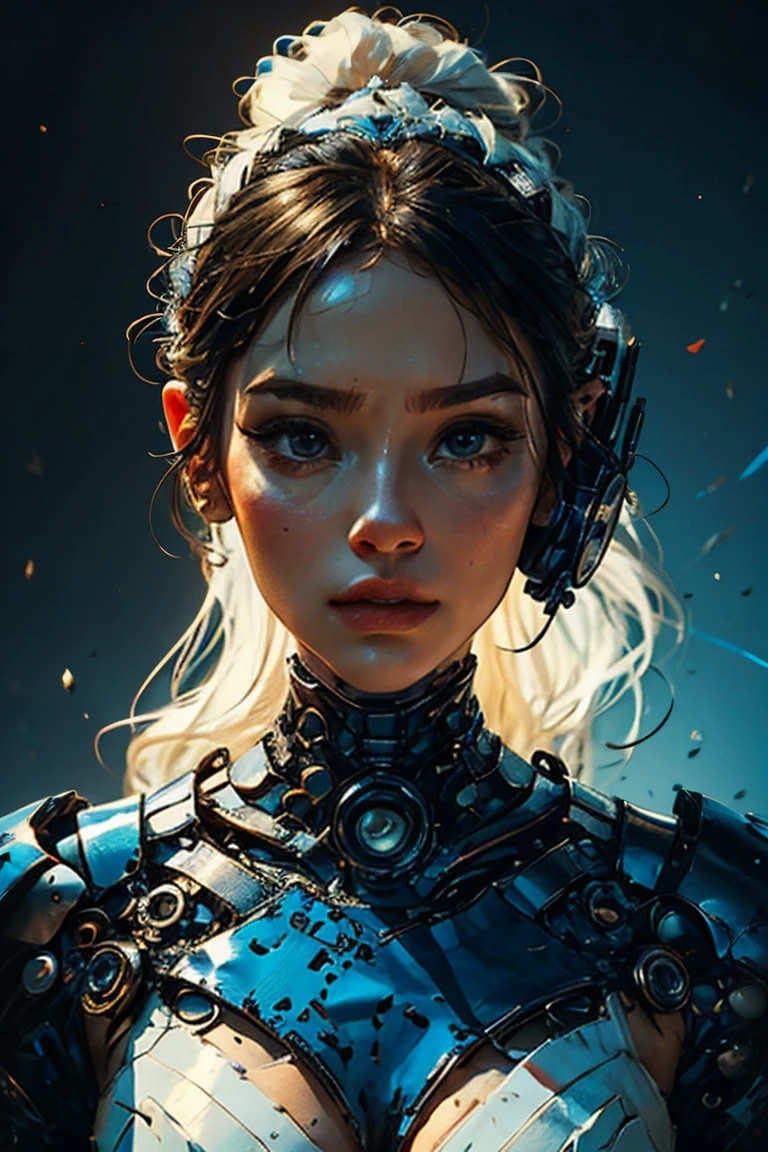 a cyborg woman made out of porcelain, in the style of balanced symmetry, white and blue, detailed facial features, organic forms, meticulous portraiture, complex patterns --ar 1:2 --stylize 350 --c 2 --v 6.0 cinematic movie still
