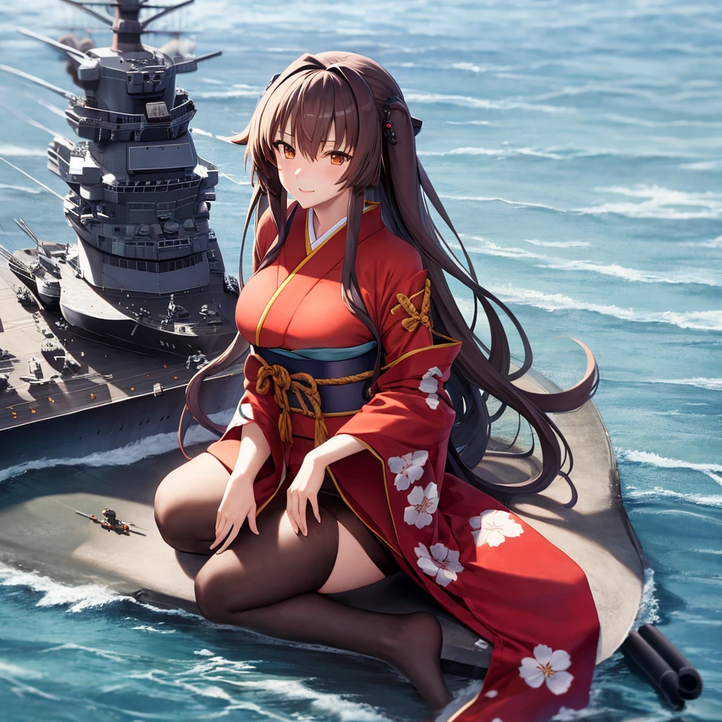 battleship Yamato as an anime girl, wearing kimono, with battleships nearby