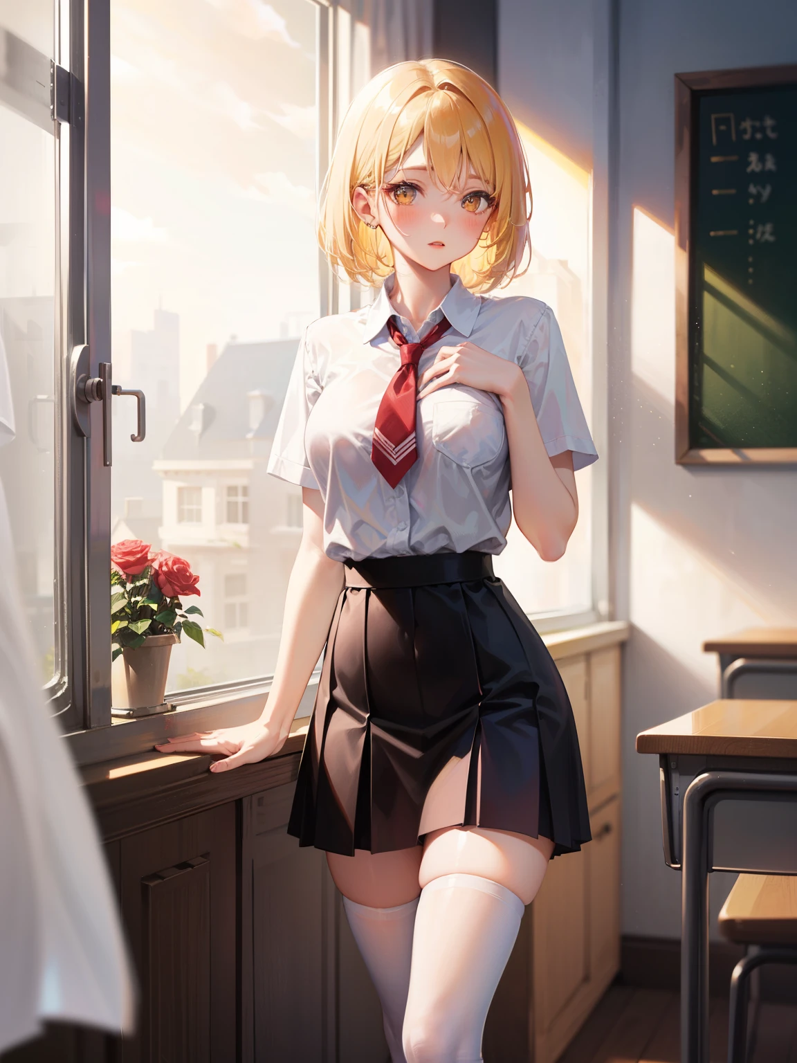1girl, natural lighting, masterpiece, highly detailed, illustration, game CG, absurdres, high quality, kinomoto sakura, (18 year old girl), medium breasts, beautiful detailed eyes, glossy lips, natural lighting, medium blonde hair, blue eyes, school, white shirt, black pleated miniskirt, thigh highs