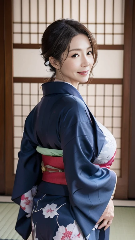 Mature attractive sexy woman,50 years old, ((kimono)),blue、(((kimono))),Shut,((Big Breasts:1.2)),(Facial wrinkles:1.3),light makeup,Light brown hair,Long Hair,(Full body photography:0.85),(Emphasize big buttocks),8k, RAW Photos, highest quality, Laughter,masterpiece,highest quality、A gentle smile、A gaze that seduces viewers、Random hairstyle、Japanese-style room、Shoji screen、