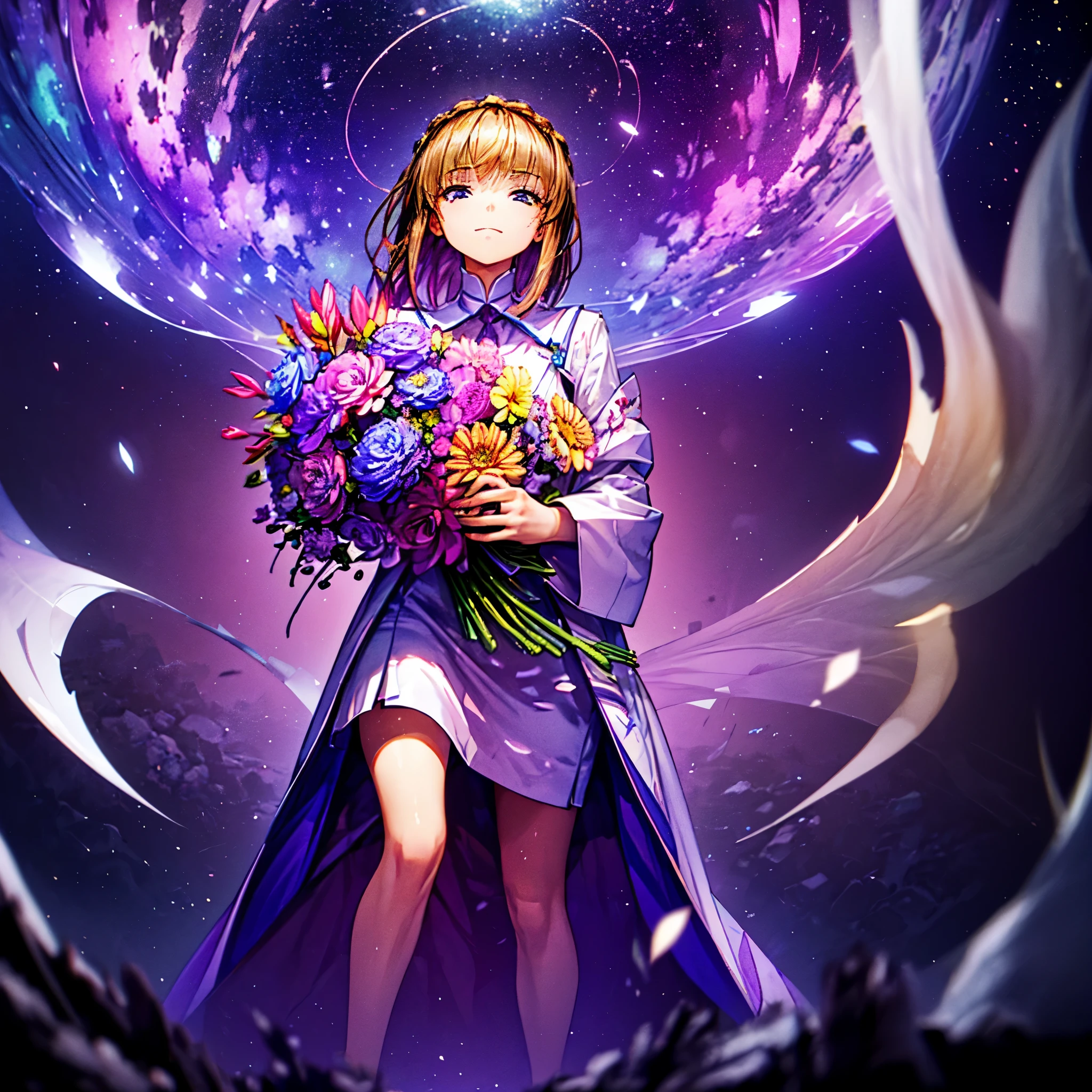 highest quality、Tabletop、1 Female、solo、(Abstract art:1.4),(Psychedelic Theme:1.6),(Cosmos:1.4)、beautiful woman at the center of the universe,(A woman holding a large bouquet of flowers in both hands:1.4),A ray of light spreads,Number of stars spreading from the center,Spreading star fragments,Prisma(Nostalgic atmosphere),(There are many flowers blooming around me:1.3)、Dark Landscape、Moon reflection