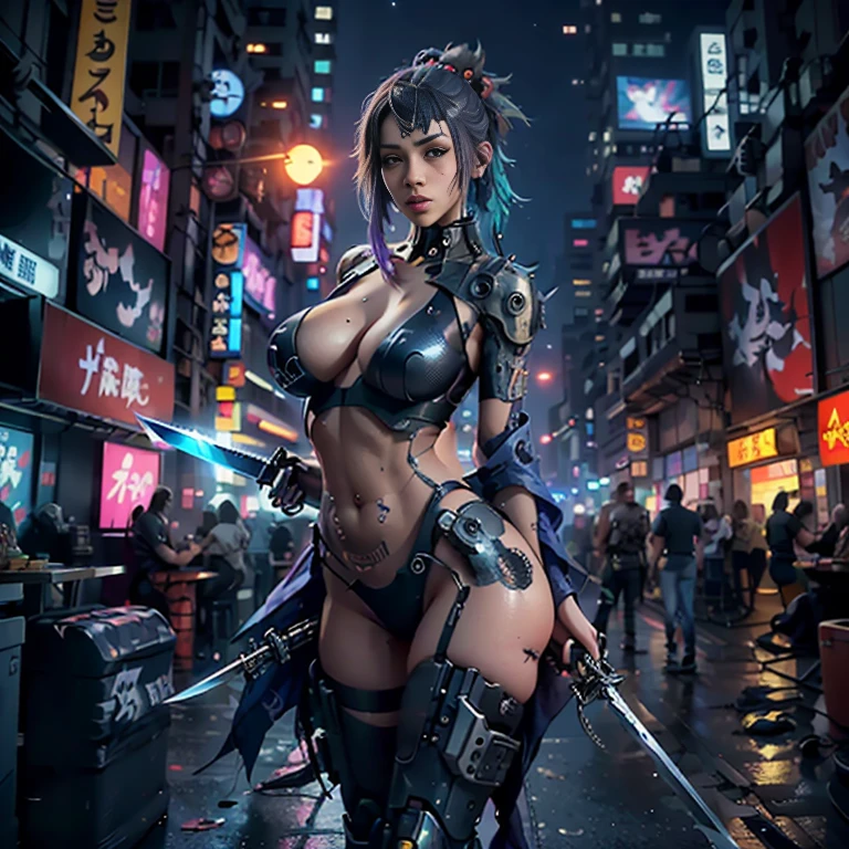 highest quality、Super fine、Realistic、A young and very beautiful woman、Beautiful detailed eyes、Beautiful detailed lips、cyberpunk、huge breasts、(Holographic kimono:1.4)、((Mecha、Armament、knife、Cyberpunk city girl:1.37))、neon、Street graffiti、Night view、Mysterious atmosphere、High-tech gadgets、Vibrant colors、 Glowing Effects、Urban decline、skyscraper、Bustling Crowd、Urban fashion、Sleek and futuristic design、Technological advances、Edgy hairstyles、Dark Alley、Electronic Music、Energy Beam、A strong and confident posture、Cool and confident look、詳細なMechaアーマー、Cowboy Shot、Samurai girl
