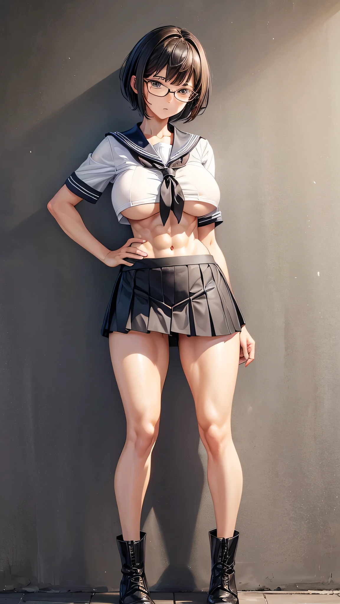 (1 female),standing,((full body)),BREAK,,(large breasts:1.5),(beautiful abs:1.3),(skinny body),(muscular legs),long legs,BREAK,black short hair,black glasses,BREAK,(short sleeved white sailor suit),(hidden nipples),(under boobs),BREAK,(gray pleated skirt),(very short skirt),(low rise:1.5),BREAK,(black thighhigh:1.3),(short boots),