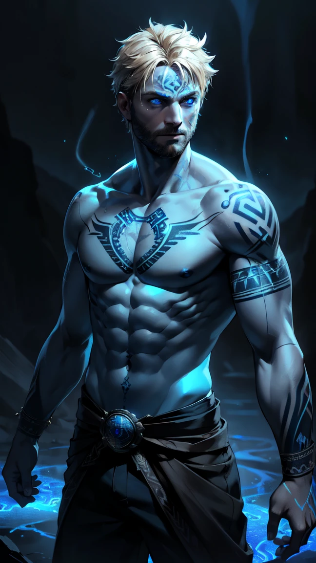 (masterpiece, realistic, best quality, (beautiful and aesthetic:1.4), extremely detailed), (dark fantasy:1.4) (rough male dark mage, (35 years old), short blond hair, unshaved, blue eyes), ((glowing incarnate runic pattern tattoos on arms:1.5)), covered in scars, sleeveless, ((demonized hand, detailed glowing eyes)), (in underworld, hell, dark scene), dynamic pose, standing in dark shadow, (dark blue theme:1.3), (blue energy magic swirling around:1.3), cinematic lighting, dark blue glow, glowing cracks, detailed face, (detailed weathered skin), (solo:1.3), (1boy:1.4),  cracked skin, shattered skin, fractured skin, broken skin, r1ge, GlowingRunes_paleblue, (elegant, intricate, digital photography, high quality, CG, 4k, extremely detailed, sharp, HDR),