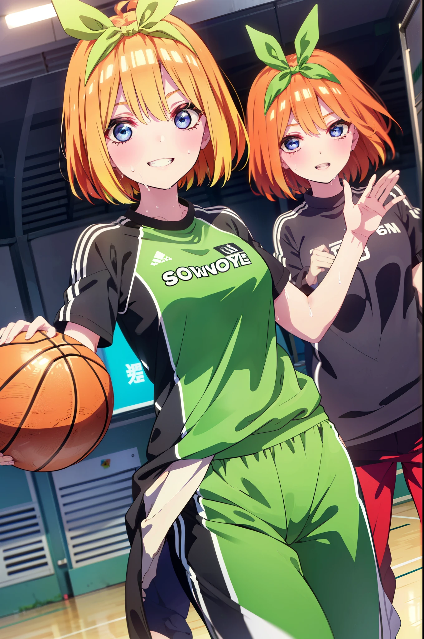 yotsubanakano, Yotsuba Nakano, bangs, short hair, blue eyes, Hair between the eyes, hair ribbon, hair band, Orange Hair, (Green ribbon:1.5), smile, Grin,smile,Sweat,Wet Skin,
(Dynamic pose:1.2), /(Basketball Uniforms/Basketball Pants), /bangs, (highest qualityのmasterpiece:1.2) Delicate illustrations with super detail, Big Break /(市民gym/) indoor, audience、
break indoors, gym,
break looking at viewer, (Cowboy Shot:1.5),
break (masterpiece:1.2), highest quality, High resolution, unity 8k wallpaper, (figure:0.8), (Beautiful fine details:1.6), Highly detailed face, Perfect lighting, Highly detailed CG, (Perfect hands, Perfect Anatomy),