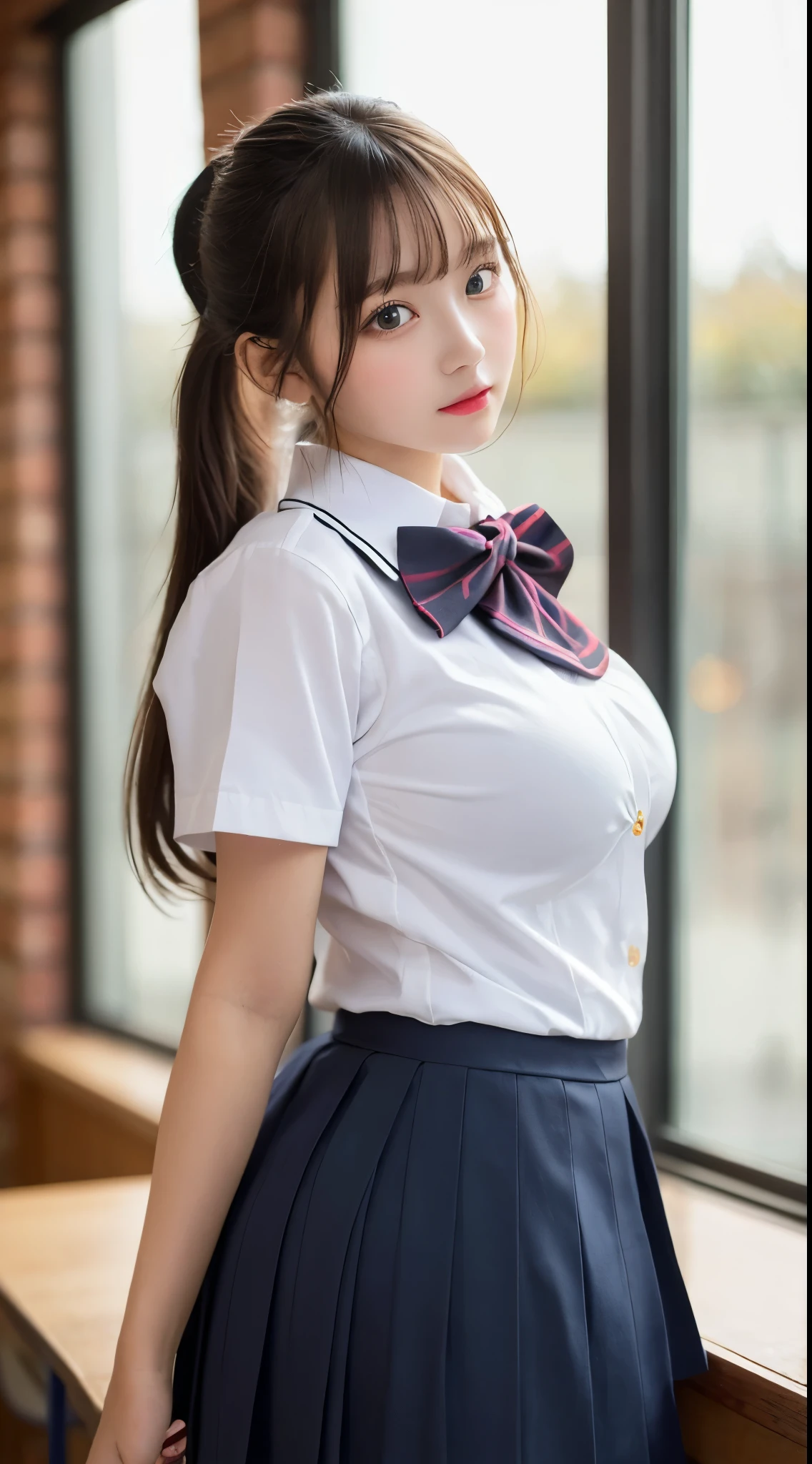 One girl、Beautiful and beautiful eyes、cute、Professional Lighting、highest quality、beauty、(school uniform: 1.5)、indoor、ponytail、(Big Breasts: 1.3)、Well-formed face、School、(Booty Pose: 1.3)