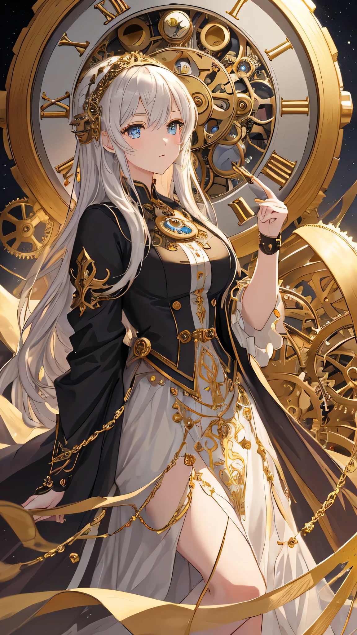 Masterpiece, top quality, 8k, super detailed, Create an 8k resolution anime-style illustration that is a masterpiece of detail and grandeur, showcasing a beautiful young girl as the Keeper of Time, perched atop an ancient clock tower. Behind her, immense clockwork gears turn with a quiet, methodical grace, a testament to the relentless march of time that she oversees.

Her attire reflects her role, incorporating elements of the clock tower's design—cogs, hands, and Roman numerals—into a costume that is both timeless and intricately detailed. In her hand, she holds a key that has the power to reverse the flow of time, its design as elaborate as the gears that surround her.

The background should feature the expansive view from the top of the clock tower, overlooking a landscape that suggests the passage of centuries. The girl's gaze is focused and knowing, her eyes reflecting the endless cycle of hours and minutes she commands. The illustration captures the essence of time itself, with the Keeper poised between the past and future, a solitary figure against the backdrop of eternity.