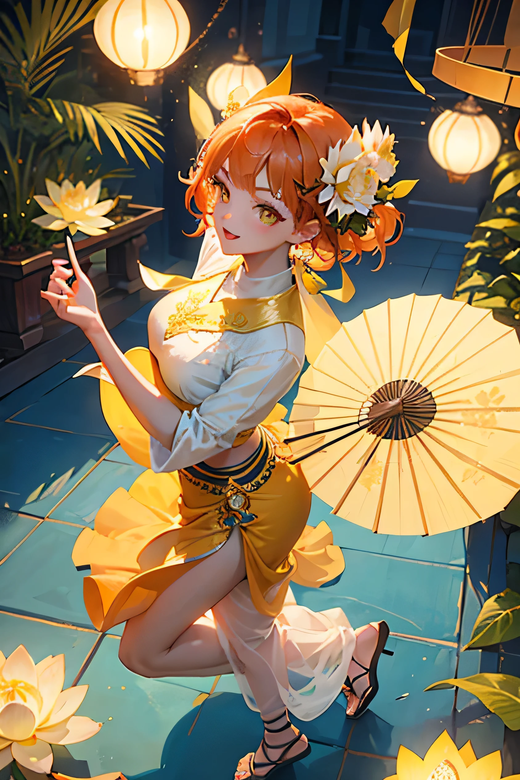 masterpiece, highest quality, so beautiful,A cool adult woman wearing a nice Bollywood outfit、Jasmine Style、Latest, Orange short hair、Yellow Eyes, alone, Dancing wildly, Holding a folding fan、Holding a folding fan, hair ornaments, View from above、nice、Blooming lotus flower pattern、gorgeous、Party and dance wildly