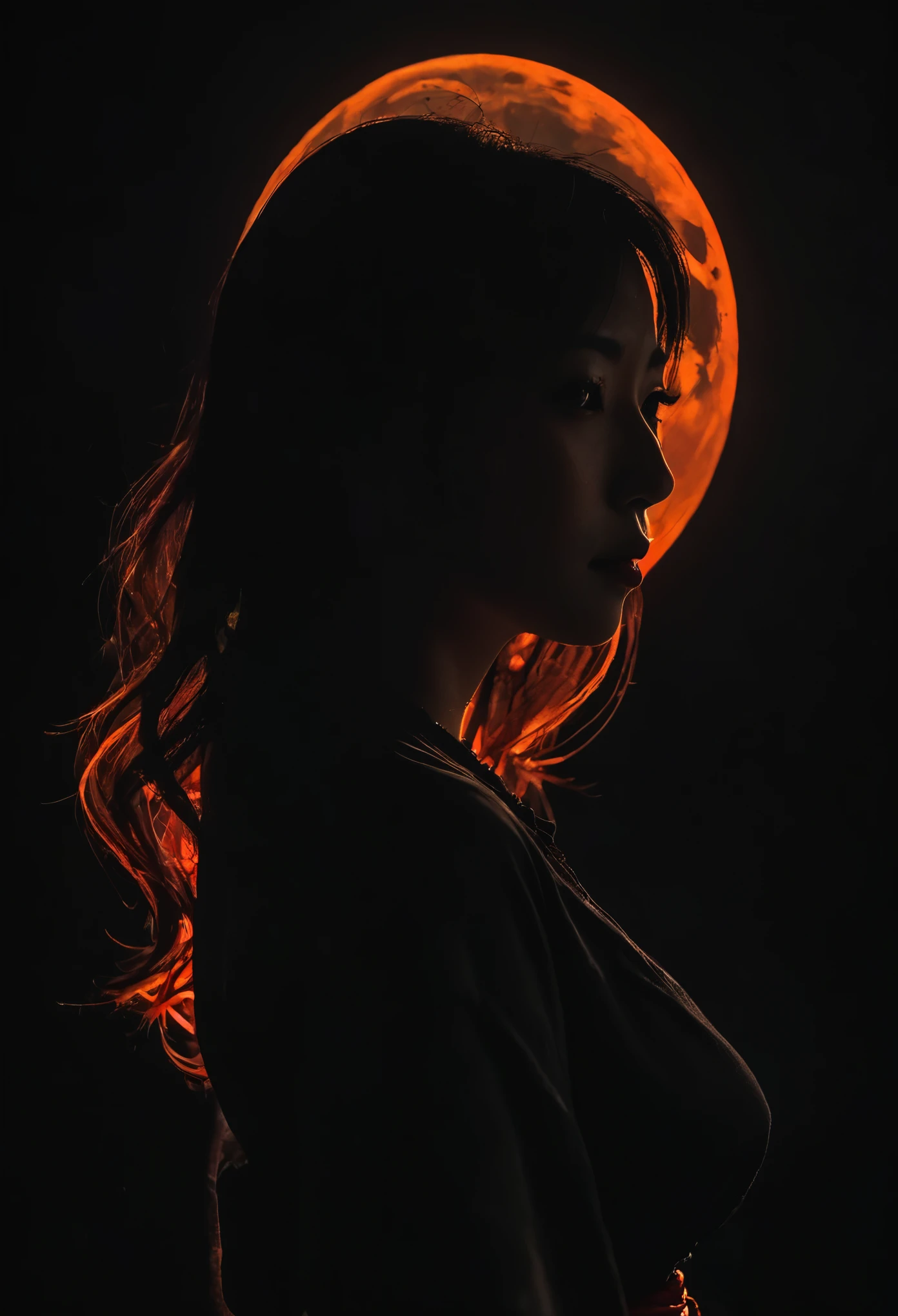 a young japanese woman's silhouette, Red Orange outline, ultra dark, dire, moonshadow, divine, Gloomy, mysterious, stringy, light glow,