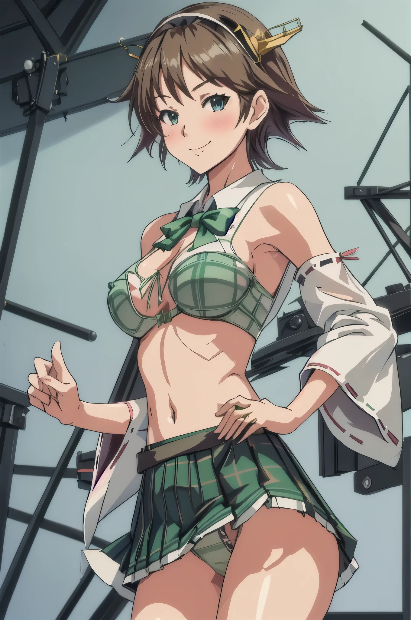 highest quality, masterpiece, High resolution, ((alone)), {Hiei_Kantai Collection:1.15},  ((Perfect hands, Perfect Legs, Perfect Anatomy)), ((オレンジ色hair)), hairband, headgear, Non-traditional_Miko, smile, blush, green_eye, Inverted up_hair, (One Girl), Dependent_sleeve, green_skirt, Plaid, Plaid_skirt, ribbon-trimmed_sleeve, ribbon_trim, skirt, Office Background, (panties), (bra), (Flashy underwear)