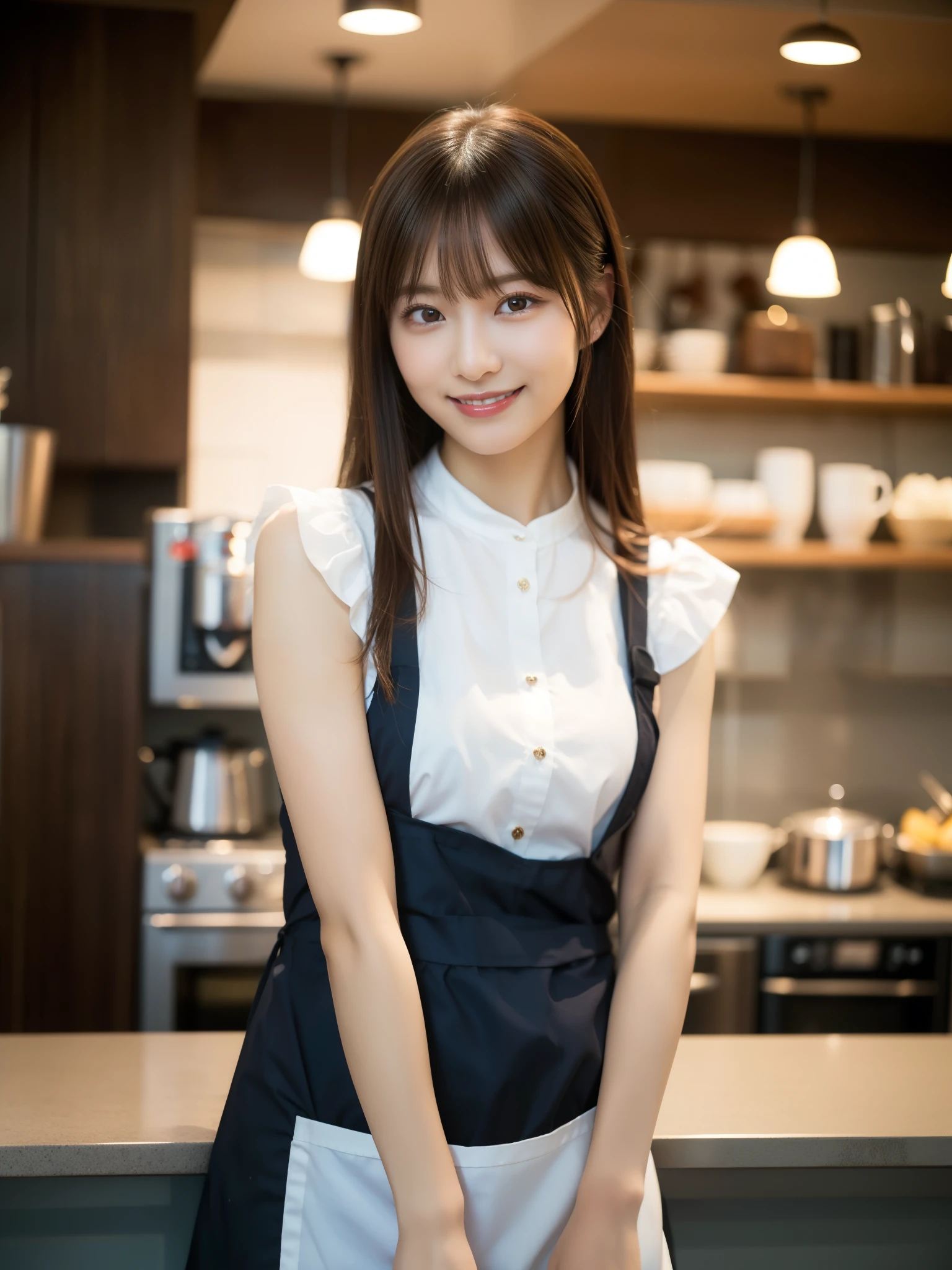 In 8K,highest quality:1.4, Ultra-high resolution:1.5, (Realistic:1.4),masterpiece:1.2,(highest quality:1.4)、 RAW Photos、 1Japanese Girls、 cute、Big Breasts:1.5、 (alone:1.8)、kitchen、 (mysterious smile:1.3), Smooth skin、30 years old:1.5、Beautiful dark eyes、Natural skin texture:1.3, Realistic eye and facial details:1.8、 (Brown medium hair,bangs), (Touching your hair:1.4)、Nogizaka、cute colorful apron、Cafe staff、Flexible fingertips、Beautiful dark eyes、Natural skin texture:1.3, Realistic eye and facial details:1.7、Looking at the audience、Full Body Shot:1.8、Beautiful legs、gravure、Attractive girl、Thighs、Are standing、coffee