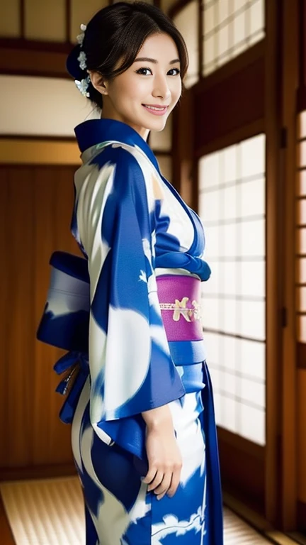 highest quality, masterpiece, Ultra-high resolution, At the Japan temple, (Realistic:1.4), smile, One beautiful woman,),(((Homongi))), ((blue))、(((kimono))), Huge Ass，Huge breasts, silk clothes, Proper attire, 美しいkimono, Wide Camera, whole body,A gentle smile、A gaze that seduces viewers、