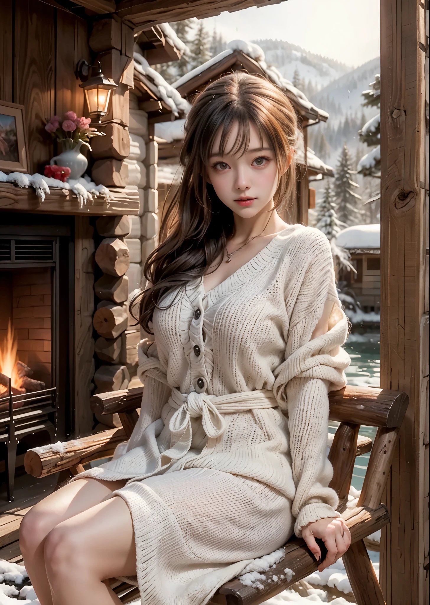 A girl wearing high boots and white clothes is leaning on the sofa and reading a book，Intellectual beauty，Very detailed，Exquisite headdress，Lace long legs，high quality，8k，beautiful，There was snow outside the window，Dead branches covered with snow，Exquisite，fantasy art，white