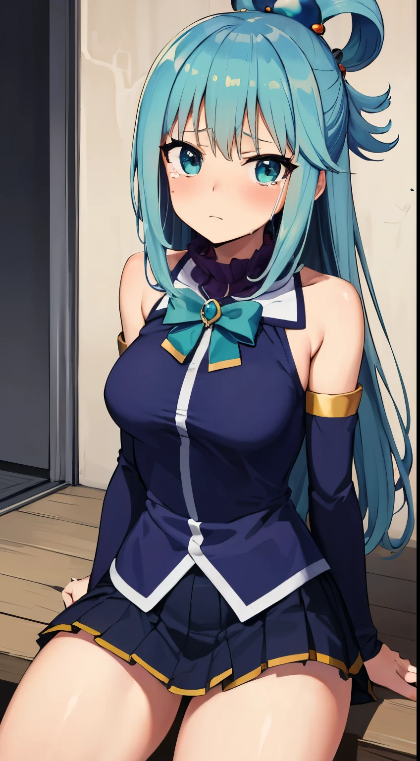 (masutepiece, Best Quality:1.2), Solo, 1girl in, , Looking at Viewer,hair rings, Blue shirt, Bow, Detached sleeves, Skirt, thighs thighs thighs thighs, Bare shoulders,aqua, aqua eyes, aqua hair, hair bobbles, Hair Ornament, hair rings, Long hair,Crying face