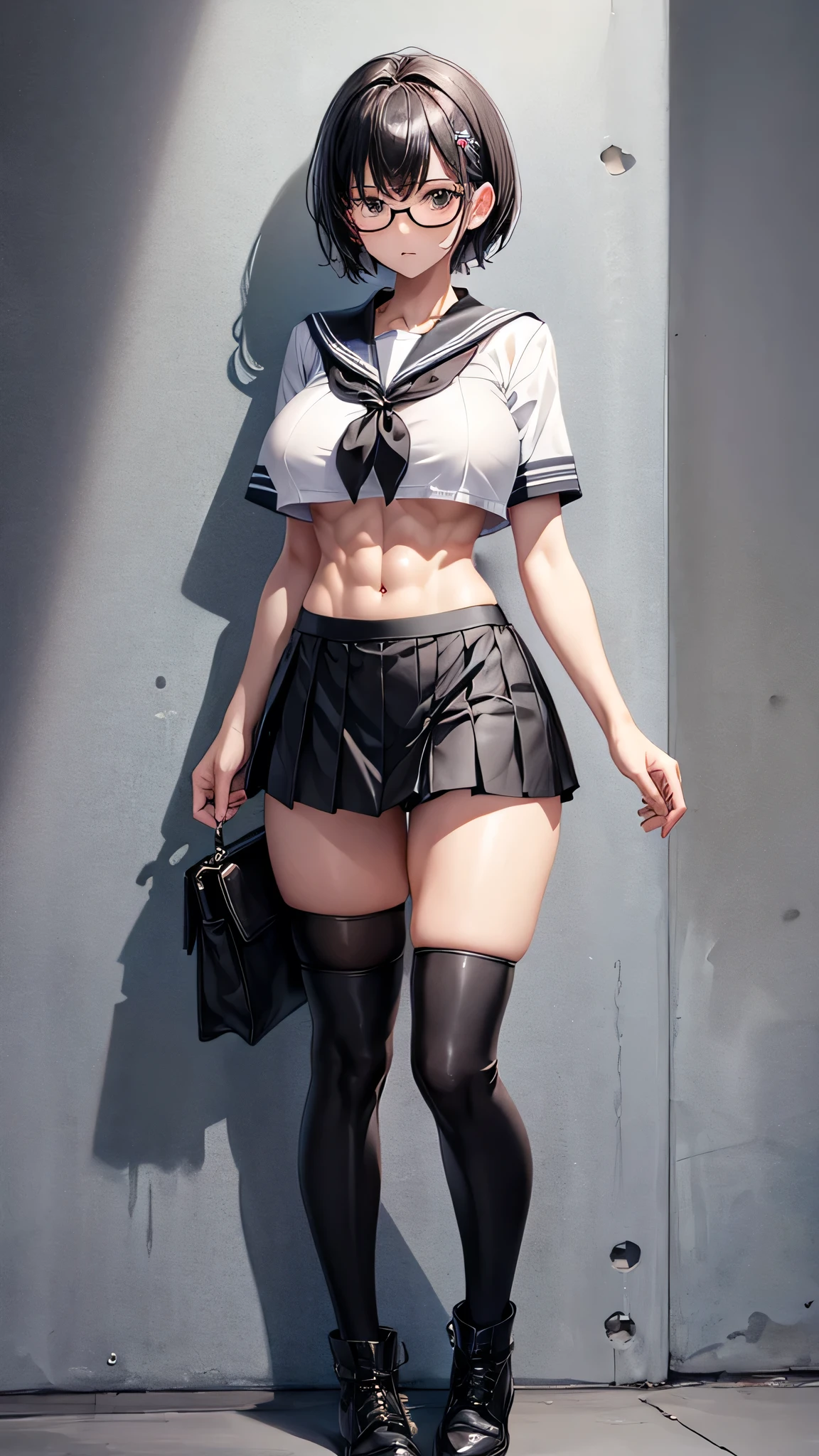 (1 female),standing,((full body)),BREAK,,(large breasts:1.5),(beautiful abs:1.3),(skinny body),(muscular legs),long legs,BREAK,black short hair,black glasses,BREAK,(short sleeved white sailor suit),(hidden nipples:1.2),(under boobs),BREAK,(gray pleated skirt),(very short skirt),(low rise:1.5),BREAK,(black thighhigh:1.5),(short boots),