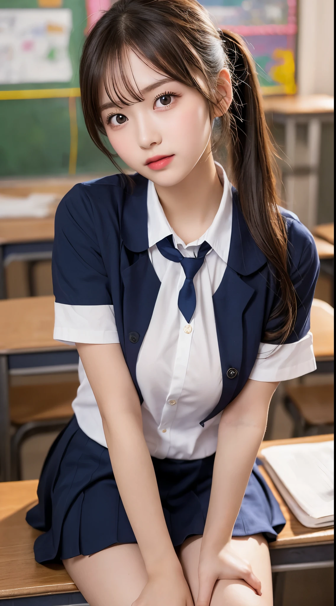 One girl、Beautiful and beautiful eyes、cute、Professional Lighting、highest quality、beauty、(school uniform: 1.5)、indoor、ponytail、(Big Breasts: 1.3)、Well-formed face、School、Beautiful legs、whole body