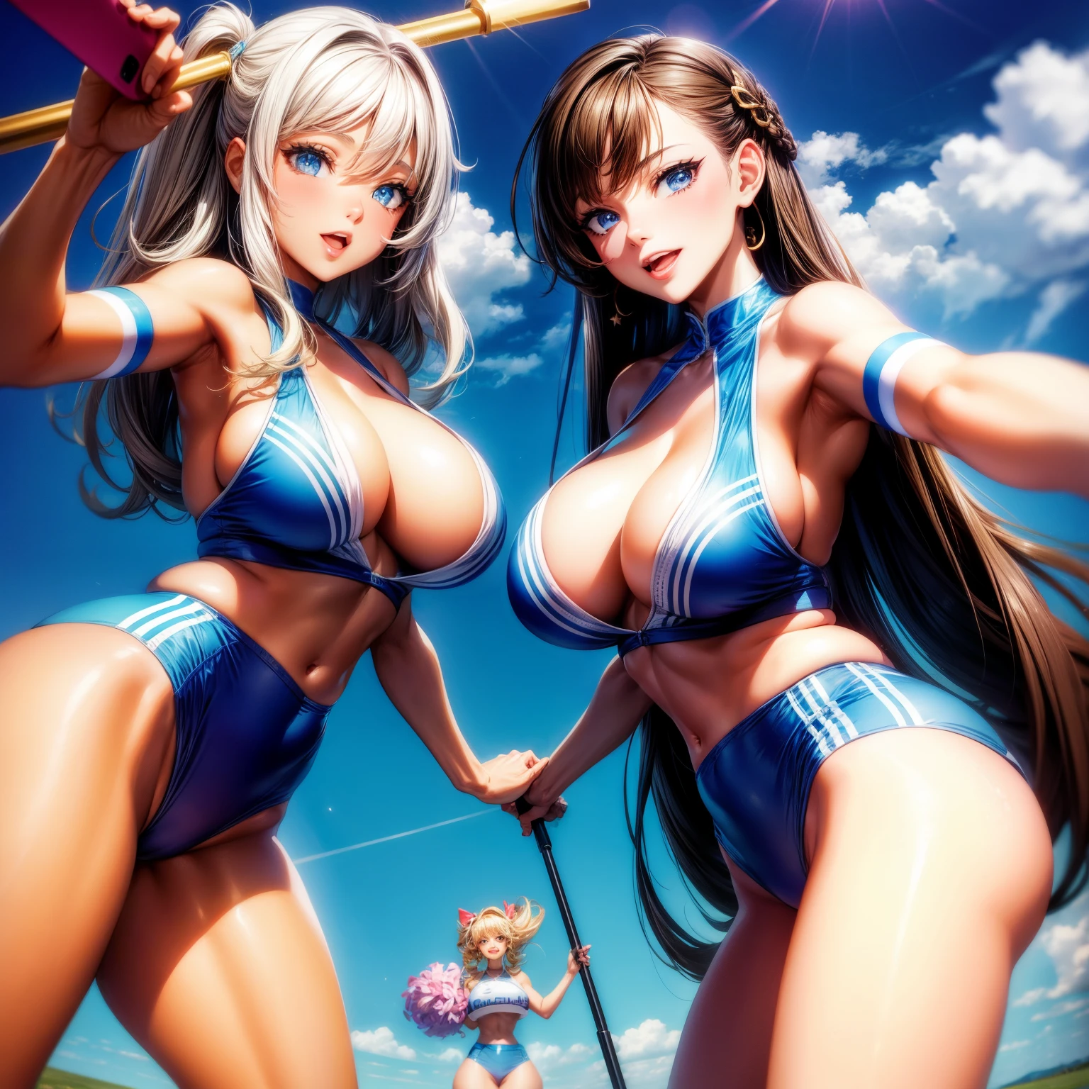 Practical, 3 girls, Selfie stick, Selfie, Cheerleading, Large Breasts