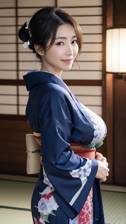 Mature attractive sexy woman,50 years old, ((kimono)),blue、(((kimono))),Shut,((Big Breasts:1.2)),(Facial wrinkles:1.3),light makeup,Light brown hair,Long Hair,(Full body photography:0.85),(Emphasize big buttocks),8k, RAW Photos, highest quality, Laughter,masterpiece,highest quality、A gentle smile、A gaze that seduces viewers、Random hairstyle、Japanese-style room、Shoji screen、Lantern、