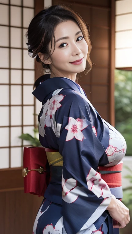 Mature attractive sexy woman,50 years old, ((kimono)),blue、(((kimono))),Shut,((Big Breasts:1.2)),(Facial wrinkles:1.3),light makeup,Light brown hair,Long Hair,(Full body photography:0.85),(Emphasize big buttocks),8k, RAW Photos, highest quality, Laughter,masterpiece,highest quality、A gentle smile、A gaze that seduces viewers、Random hairstyle、Japanese-style room、Shoji screen、Lantern、