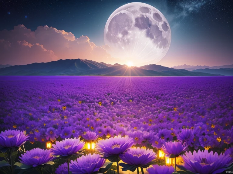 Sea of Flowers/Sea of Flowers/Sea of Flowers sunflowers.Shibazakura.Star-filled sky.full moon、Violet Flowers.(highest quality,4K,8k,High resolution,masterpiece:1.2),Very detailed,(Actual,photoActual,photo-Actual:1.37),Sea of Flowers