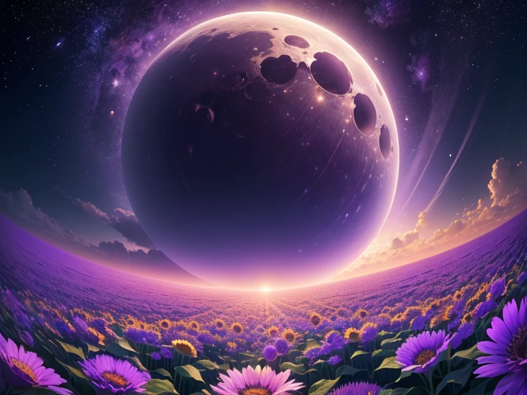 Sea of Flowers/Sea of Flowers/Sea of Flowers sunflowers.Shibazakura.Star-filled sky.full moon、Violet Flowers.(highest quality,4K,8k,High resolution,masterpiece:1.2),Very detailed,(Actual,photoActual,photo-Actual:1.37),Sea of Flowers