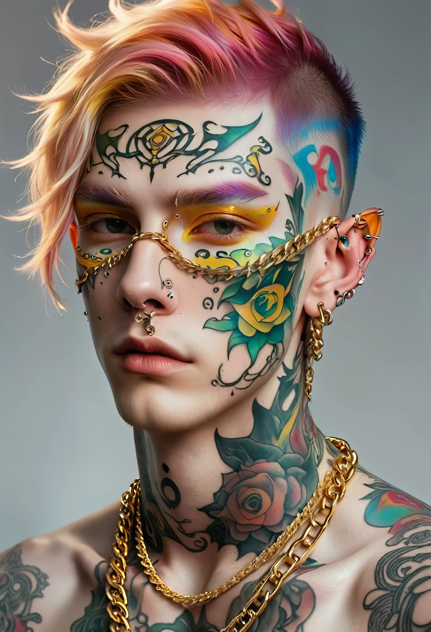 (masterpiece, best quality:1.2),Photo of a white man，Elf ears，He wears a gold chain，Face painting，Gears on the face，Color tattoo，Facial tattoos拼图，Facial tattoos，link border，Chains on face go through skin，Piercings in the face. There are colorful patterns on his skin，Porcelain-like skin. strange beauty.solitary