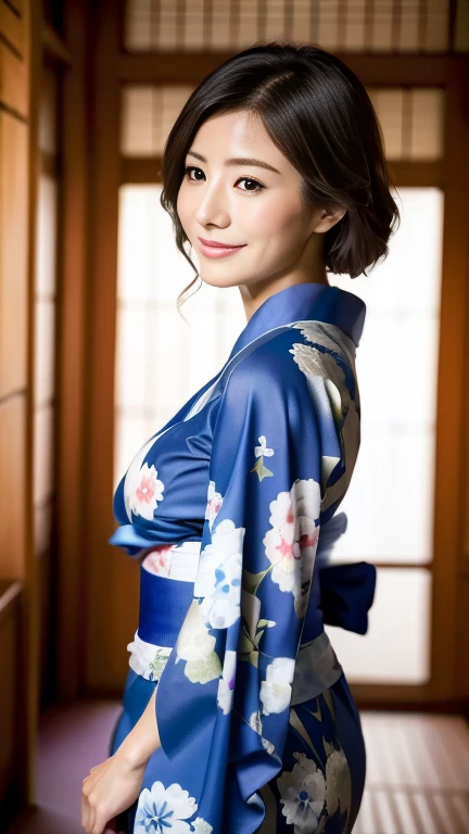highest quality, masterpiece, Ultra-high resolution, At the Japan temple, (Realistic:1.4), smile, One beautiful woman,),(((Homongi))), ((blue))、(((kimono))), Huge Ass，Huge breasts, silk clothes, Proper attire, 美しいkimono, Wide Camera, whole body,A gentle smile、A gaze that seduces viewers、