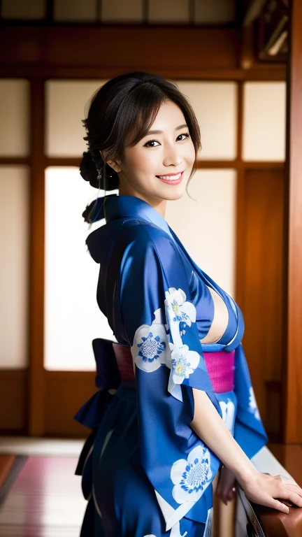 highest quality, masterpiece, Ultra-high resolution, At the Japan temple, (Realistic:1.4), smile, One beautiful woman,),(((Homongi))), ((blue))、(((kimono))), Huge Ass，Huge breasts, silk clothes, Proper attire, 美しいkimono, Wide Camera, whole body,A gentle smile、A gaze that seduces viewers、