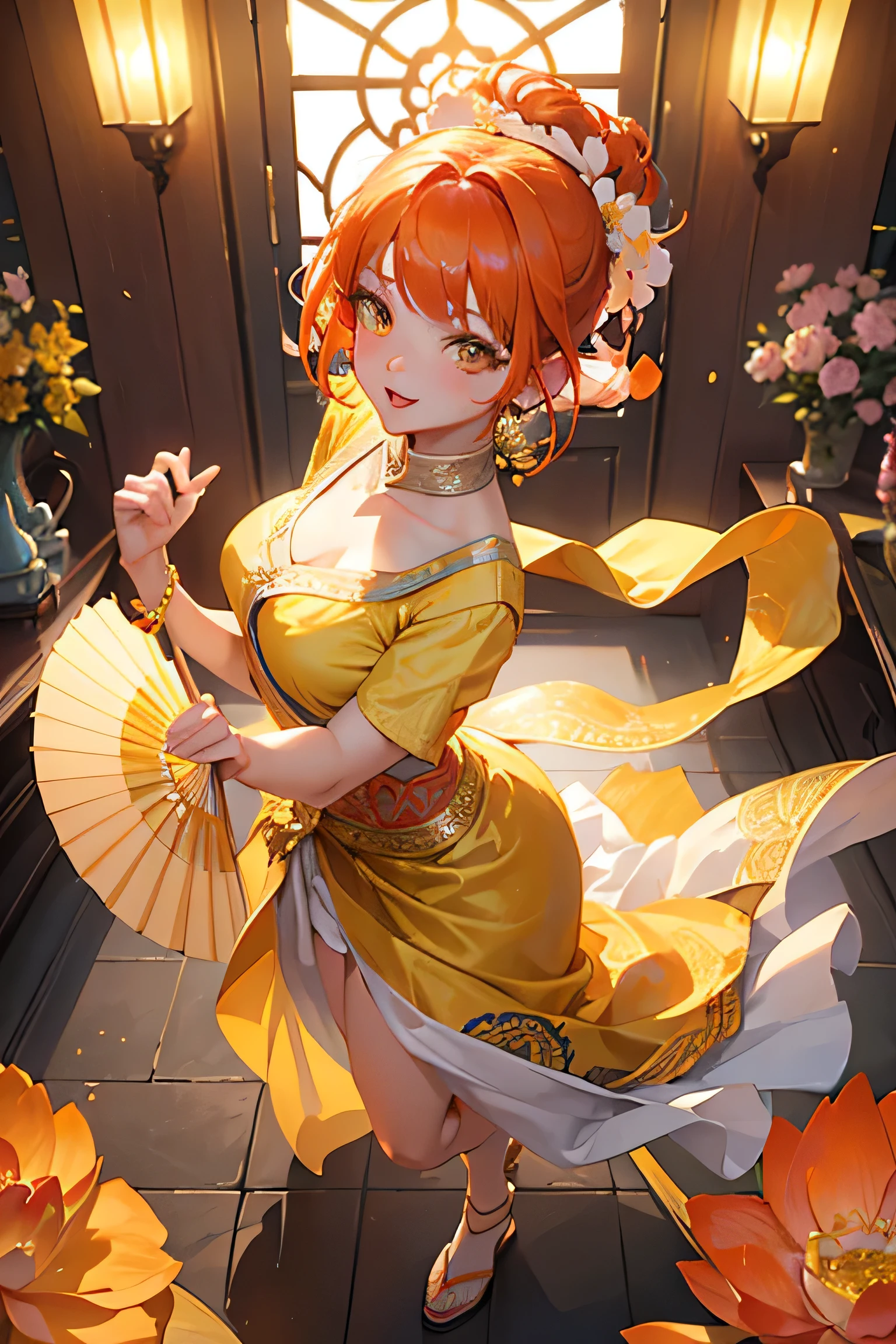masterpiece, highest quality, so beautiful,A cool adult woman wearing a nice Bollywood outfit、Jasmine Style、Latest,  Orange short hair、Yellow Eyes, alone, Dancing wildly,  Holding a folding fan、Holding a folding fan, hair ornaments, View from above、nice、Blooming lotus flower pattern、gorgeous、Party and dance wildly